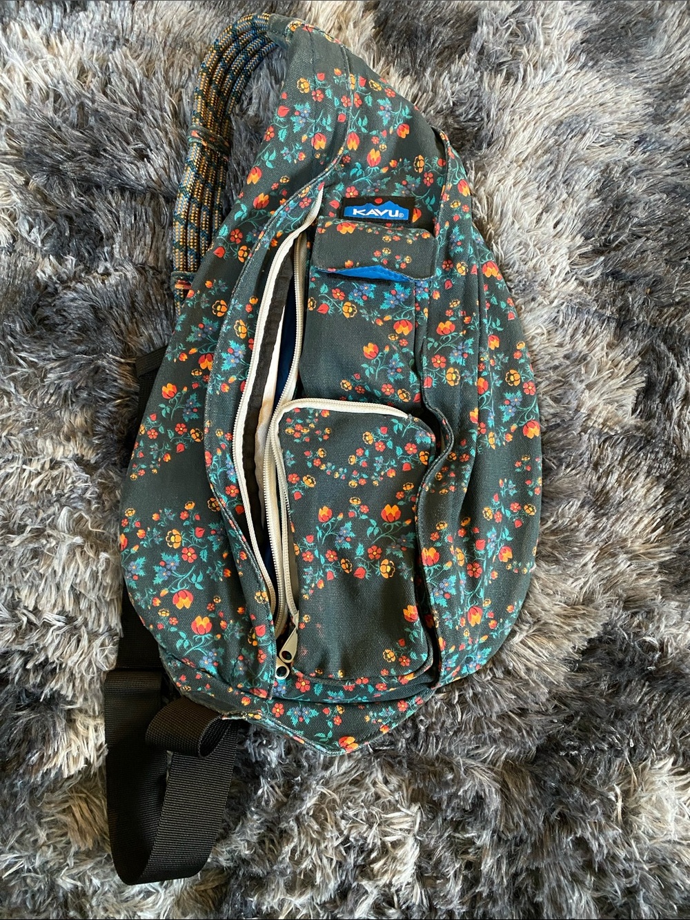 Kavu Dark Green Floral Sling Bag with Rope Strap